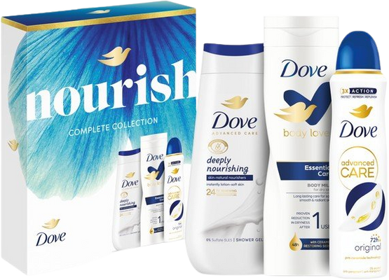 Dove Dárková sada F 250 ml SG + 150 ml Spray + 250 ml BL Nourish