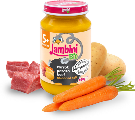 Lambini Bio Demeter příkrm mrkev, brambory a hovězí maso 190 g