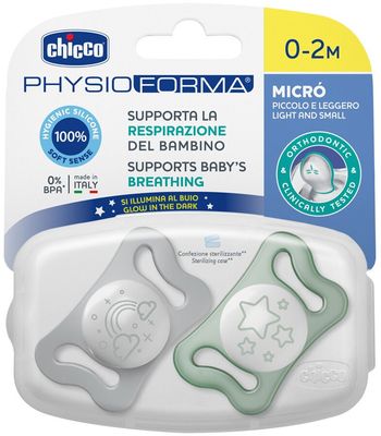 Chicco Dudlík Physio Micro silikonový 0-2m noční 2 ks