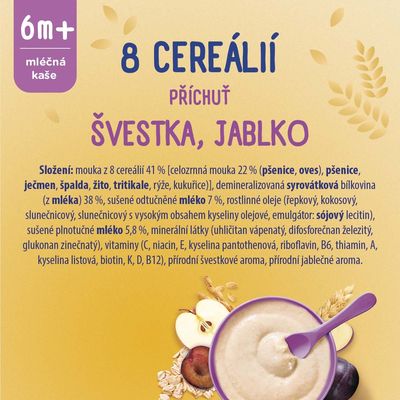 Sunar mléčná kaše s 8 cereáliemi, švestka, jablko 210 kg