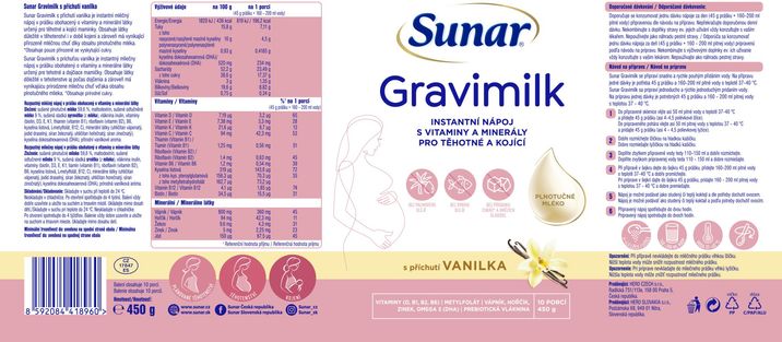 Sunar Gravimilk s příchutí vanilka pro těhotné a kojící ženy 450 g