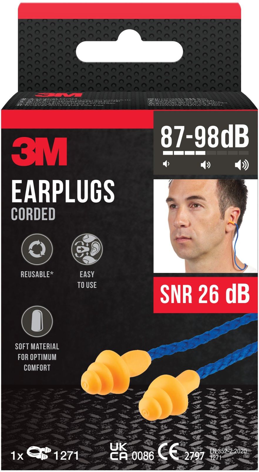 3M Šňůrkové špunty do uší 1271, SNR 26 dB, oranžové 12 ks