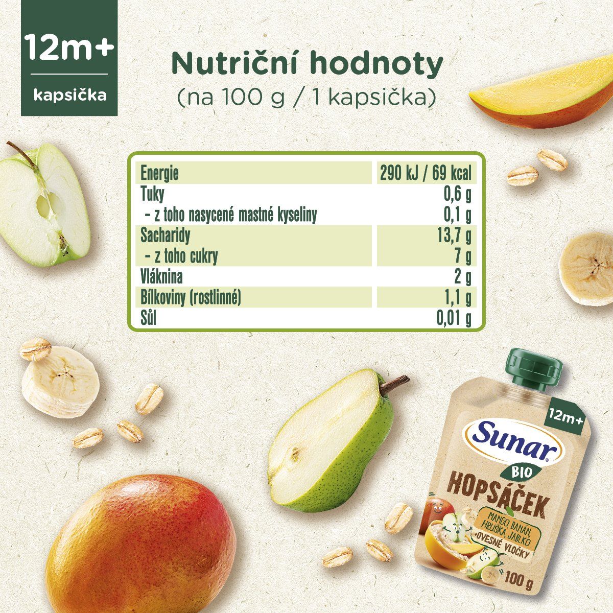 Sunar BIO ovocná kapsička Hopsáček mango, banán, hruška a ovesné vločky 100 g
