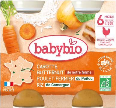 Babybio mrkev s máslovou dýní, kuřetem a rýží 2 x 200 g