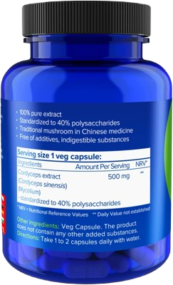 Natios Cordyceps Extract, 500 mg, 40% polysaccharides, 90 kapslí