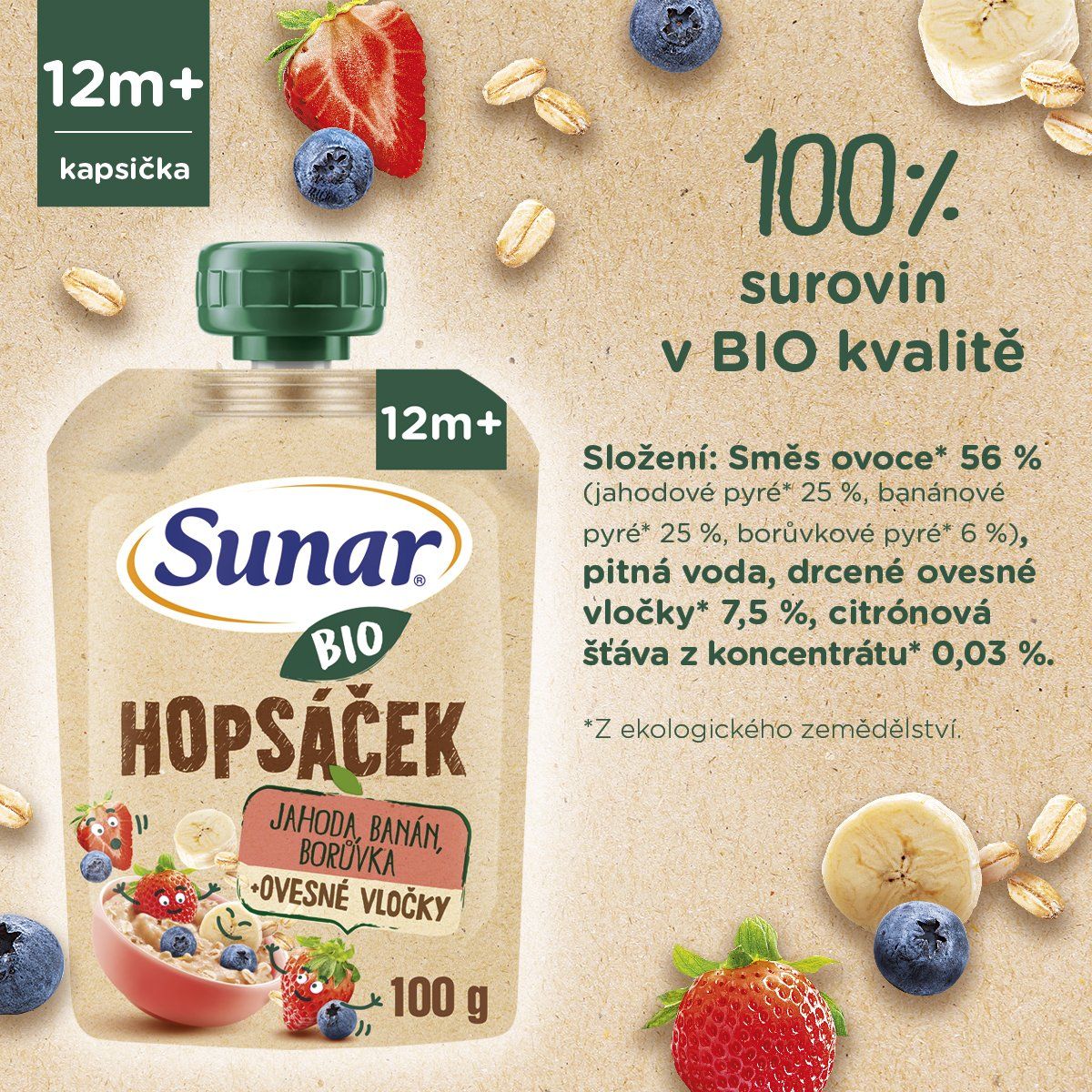 Sunar BIO ovocná kapsička Hopsáček jahoda, banán, borůvka a ovesné vločky 100 g