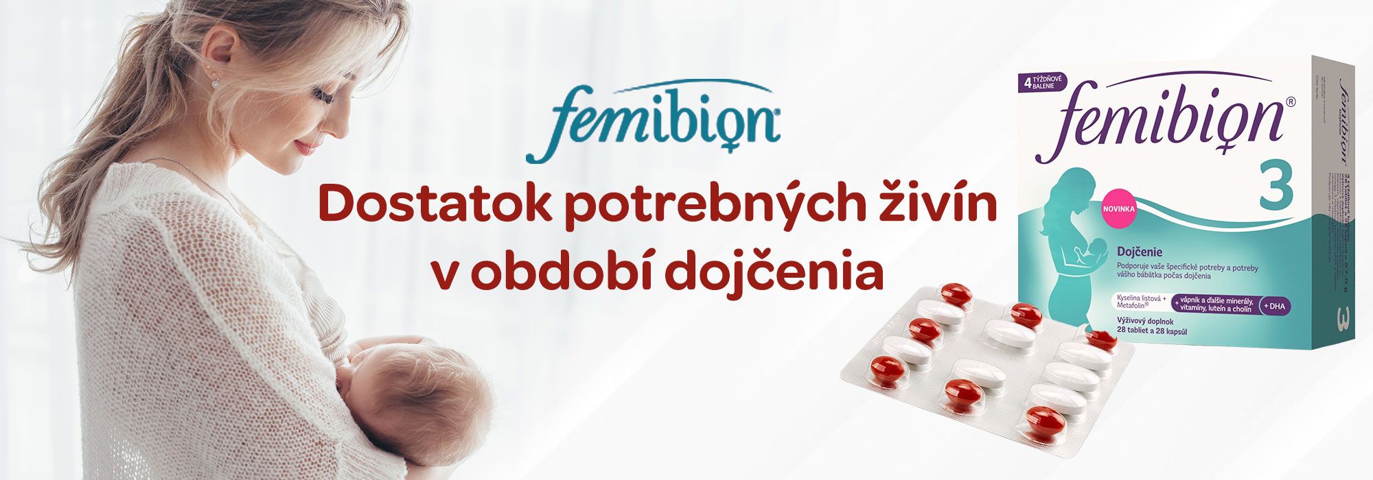Femibion 3, doplněk stravy, období kojení, DHA, kyselina listová, vitamin A, železo, vápník