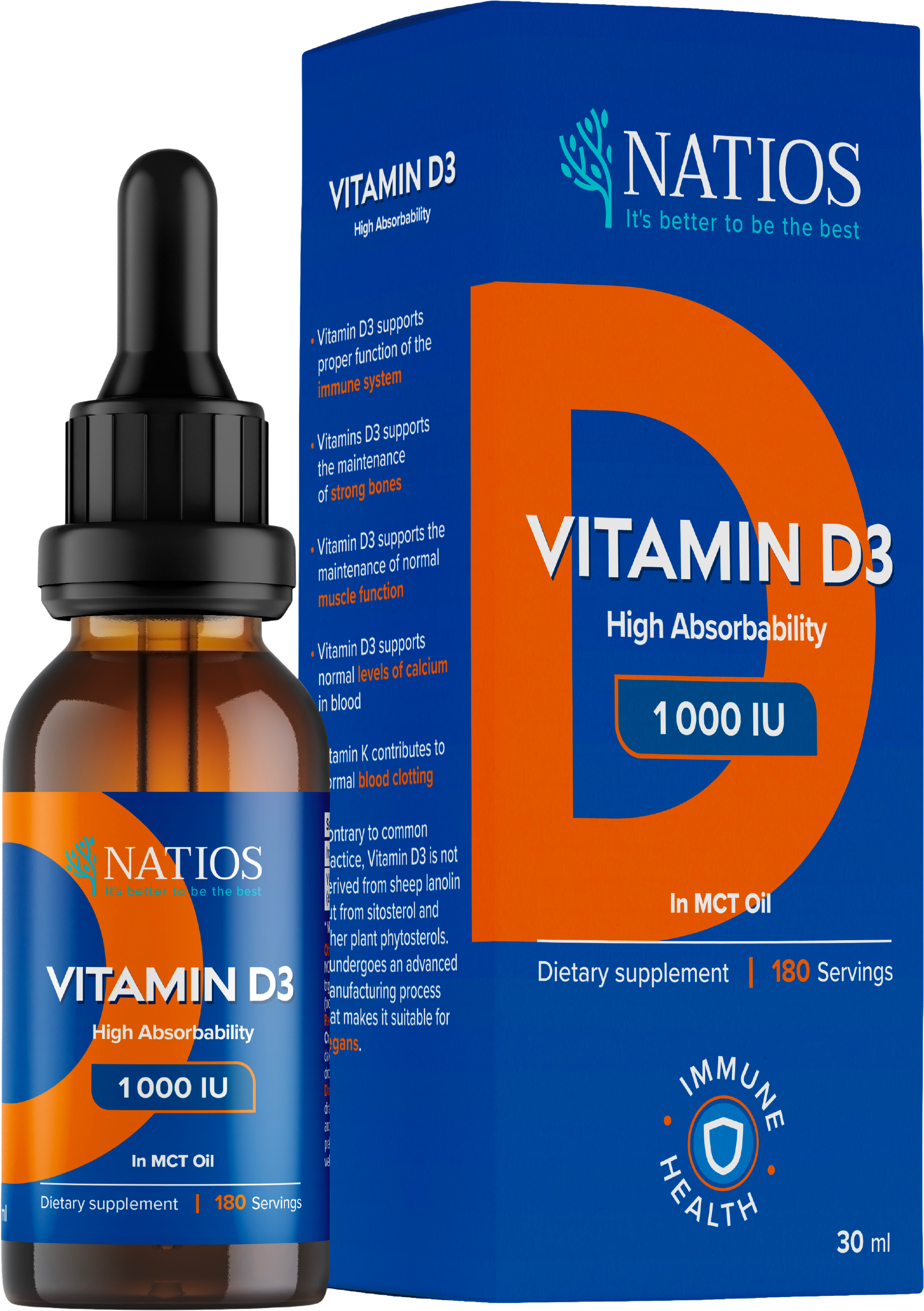 Natios Vegan Vitamin D3, 1000 IU, Kapky v MCT oleji 30 ml