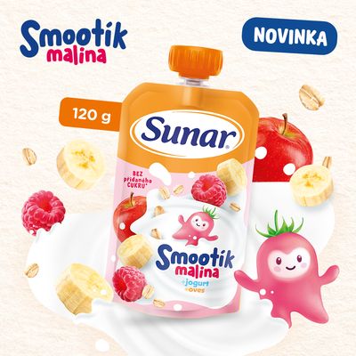 Sunar Smootík dětská kapsička malina, jogurt, ovesné vločky 12m+ 120 g