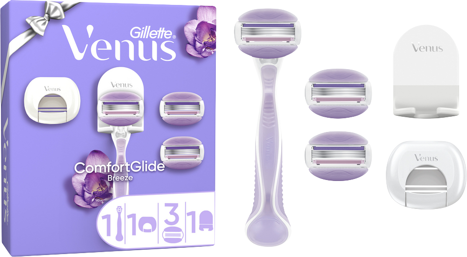 Gillette Venus ComfortGlide Breeze Xmas dárková sada - holicí strojek, 3 holicí hlavice, kryt čepele, sprchový věšák