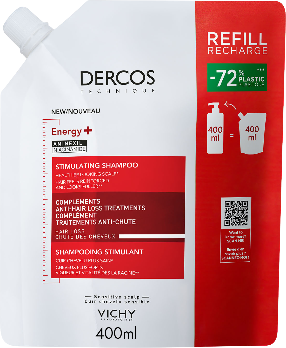 Vichy DERCOS Energy+ Stimulační šampón proti vypadávání vlasů - náhradní náplň 400 ml