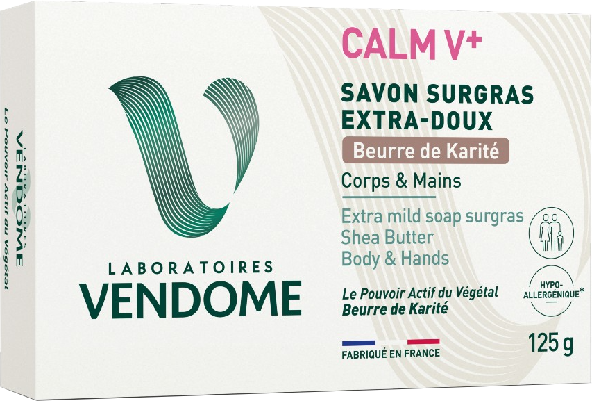 Vendome CALM V+ Extra jemné tuhé mýdlo s bambuckým máslem 125 g