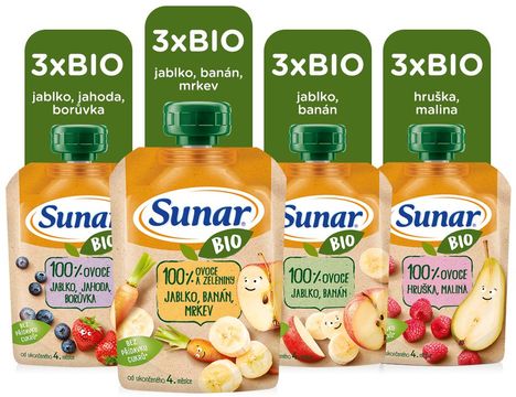 Sunar BIO ovocná kapsička mix příchutí 4m+, 12 x 100 g