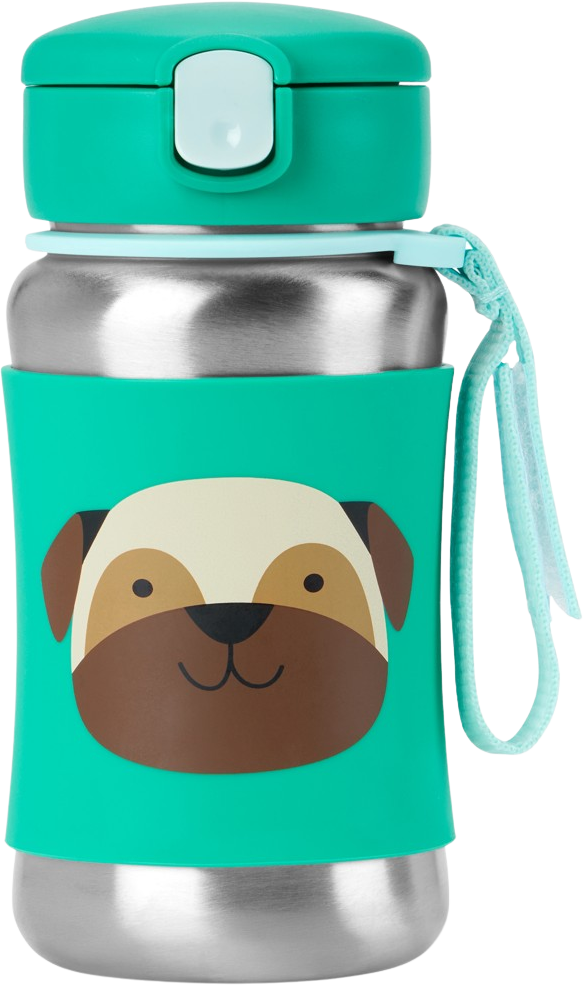 Skip Hop Spark Style Láhev s brčkem na vodu nerez Mopslík 12m+ 350 ml