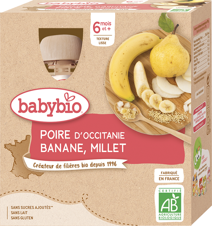 Babybio körte, banán, köles gyümölcspüré 6M+ 4 x 90 g