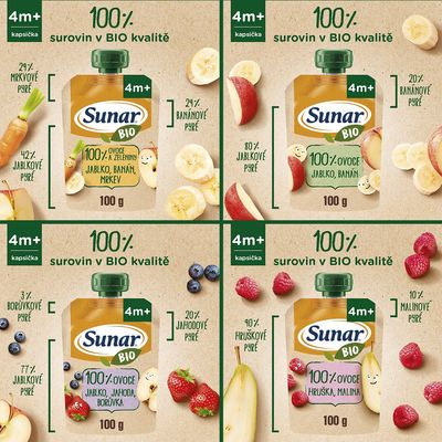 Sunar BIO ovocná kapsička mix příchutí 4m+, 12 x 100 g