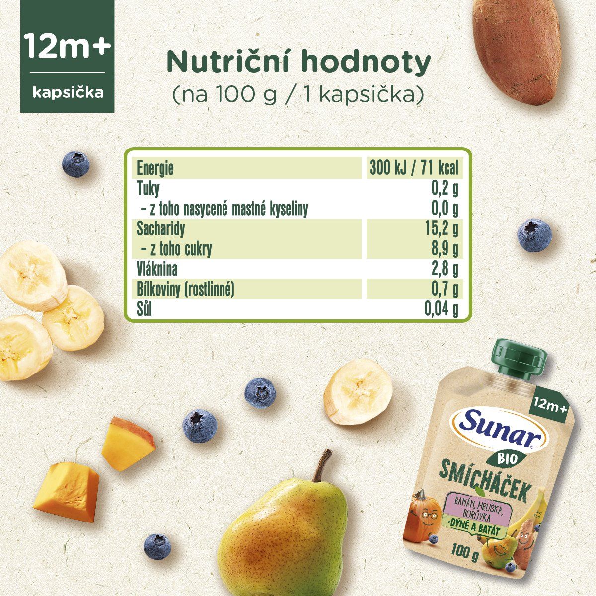 Sunar BIO ovocná kapsička Smícháček banán, hruška, dýně, batáty a borůvky 100 g