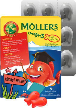Möllers Omega 3 Želé rybičky malinová příchuť, žvýkací želé tablety 45 ks