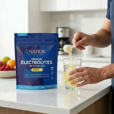 Natios Premium Electrolytes, Elektrolyty s 12 aminokyselinami, Citrón 600 g