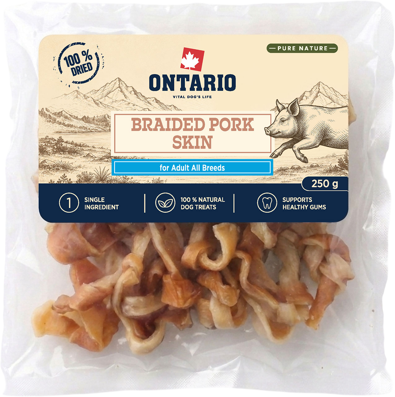 Ontario Pochoutka Pure Nature vepřová kůže pletená sušená 250 g
