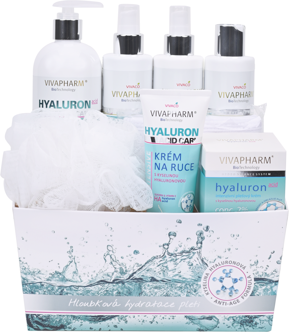 Vivaco Dárkové balení Hyaluron tělové mléko + sg + odličovací mléko + pleťová voda + krém na ruce + pleťový krém + dárky