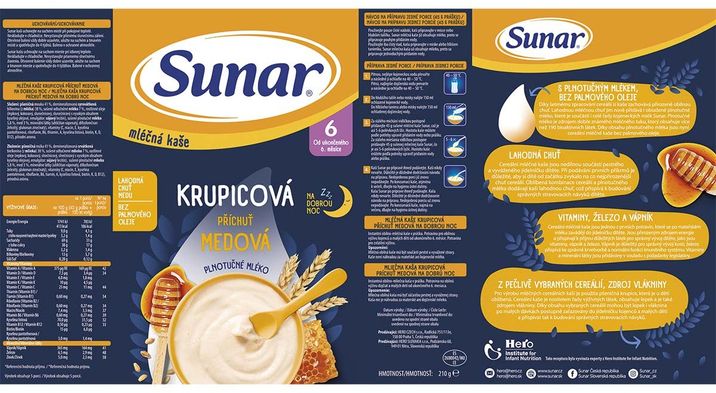 Sunar mléčná krupicová kaše na dobrou noc medová 225 g
