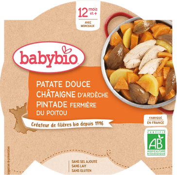Babybio sladké brambory s kaštanovým pyré a farmářskou perličkou 230 g