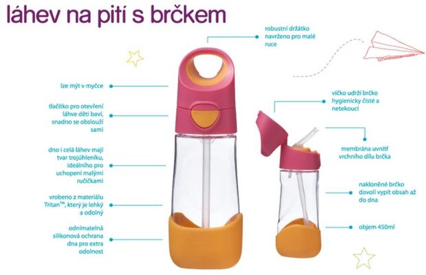 B.box Láhev na pití s brčkem růžová/oranžová 450 ml
