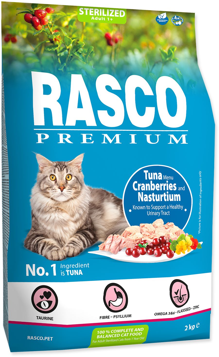 RASCO PREMIUM Cat Kibbles Sterilized, Tuna, Cranberries, Nasturtium 2 kg