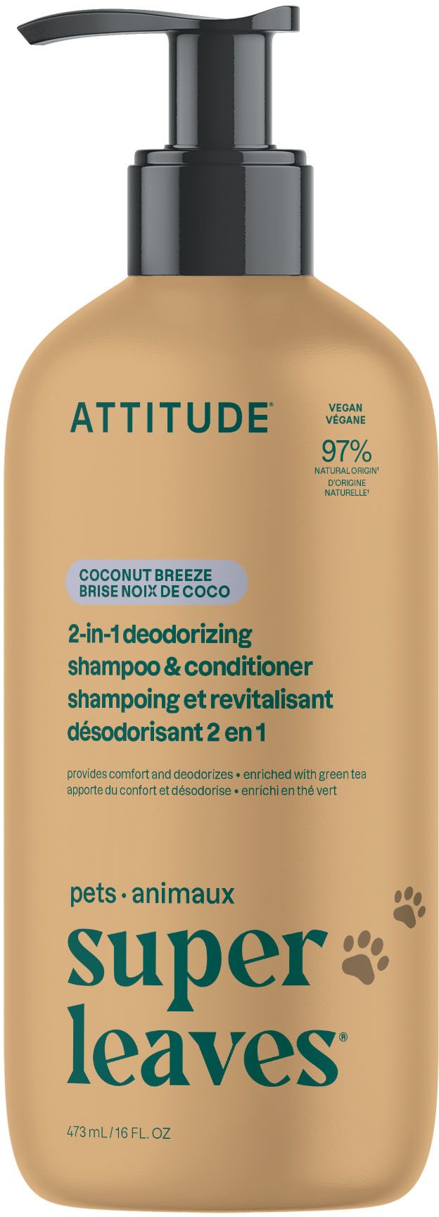 Attitude Super Leaves Pets 2v1 šampon a kondicionér pro domácí mazlíčky - proti zápachu s kokosem 473 ml
