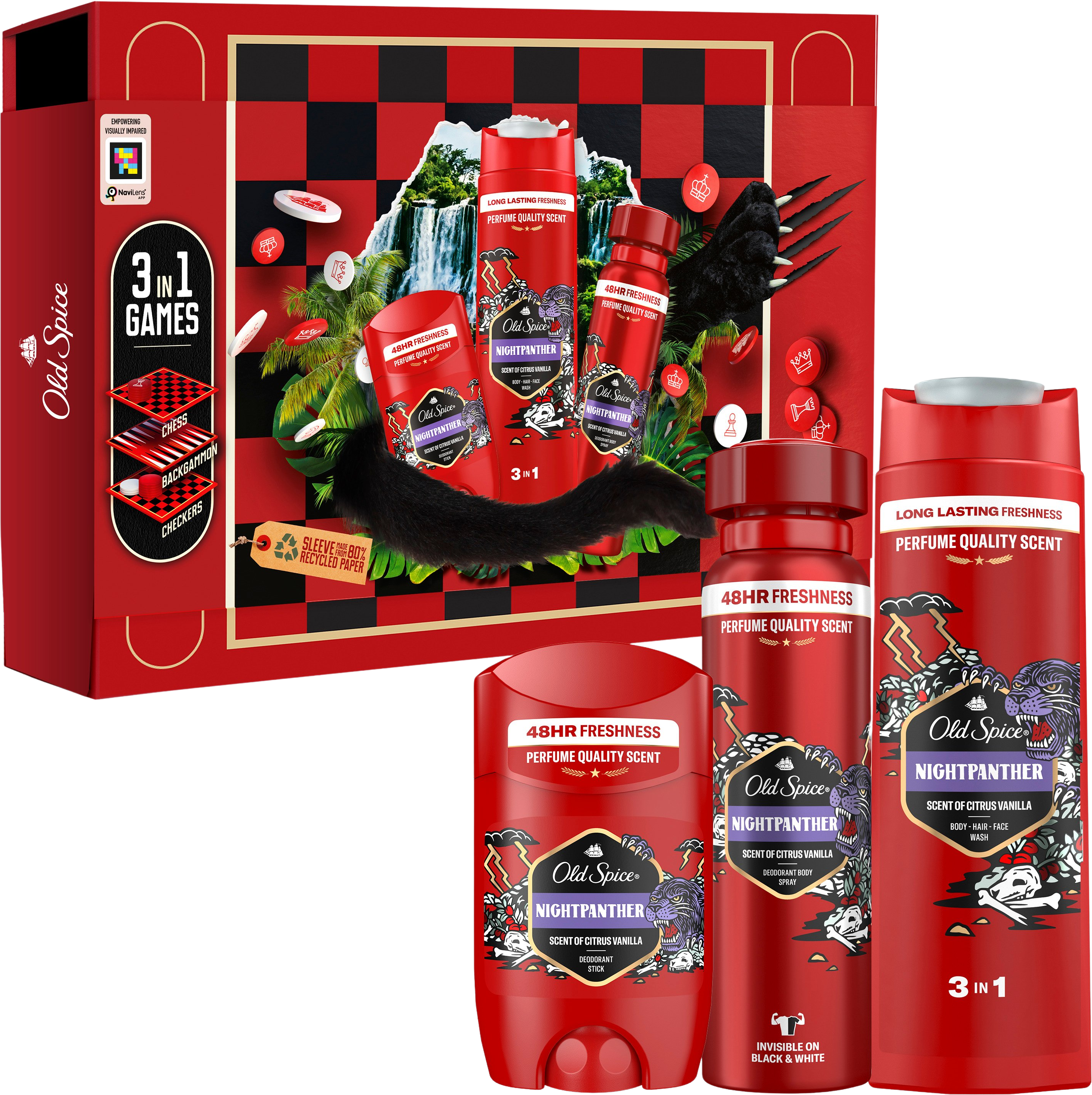 Old Spice Gamebox Night Panther s deodorantem ve spreji 150ml, tuhým deodorantem 50ml a sprchovým gelem 400ml