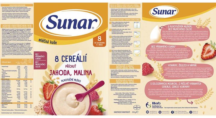 Sunar mléčná kaše s 8 cereáliemi, jahoda, malina 210 g