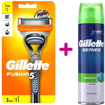 Gillette FUSION Holicí strojek se 2 náhradními břity + Gillette Series Gel na holení citlivý 200 ml