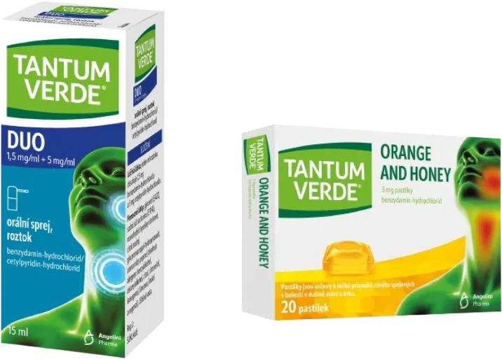 Tantum Verde DUO 1,5 mg/ml + 5 mg/ml orální sprej, roztok 15 ml a Tantum Verde Orange and Honey 3 mg 20 pastilek