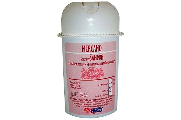 Mercano, prírodný šampon, obsahuje biosíry, ichtamol, mandlový olej, vyživuje, regeneruje
