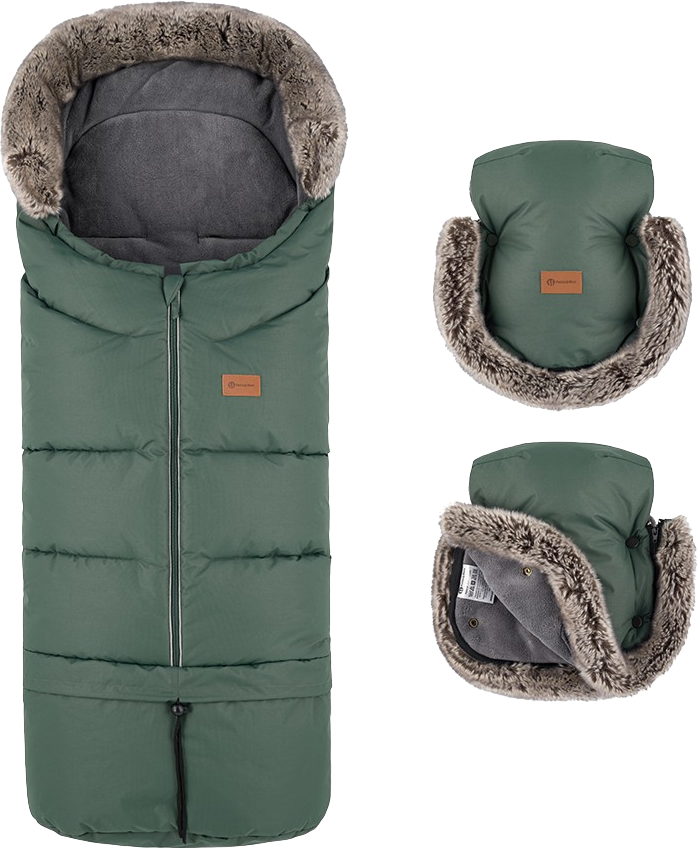 Petite&Mars Set zimní fusak Arctic 4v1 + rukavice na kočárek Furry Veritable Khaki