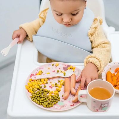 BabyOno Bryndák měkký plastový s kapsou bez BPA grey 6m+