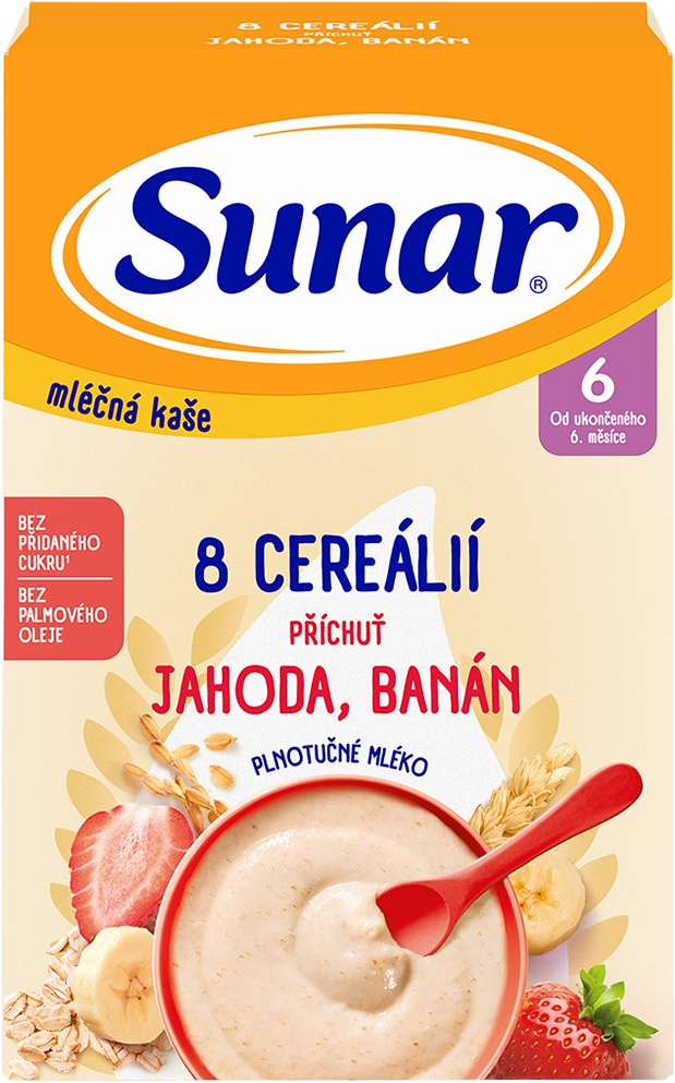 Sunar mléčná kaše s 8 cereáliemi jahoda, banán 210 g