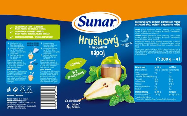 Sunar rozpustný nápoj hruškový s meduňkou 200 g