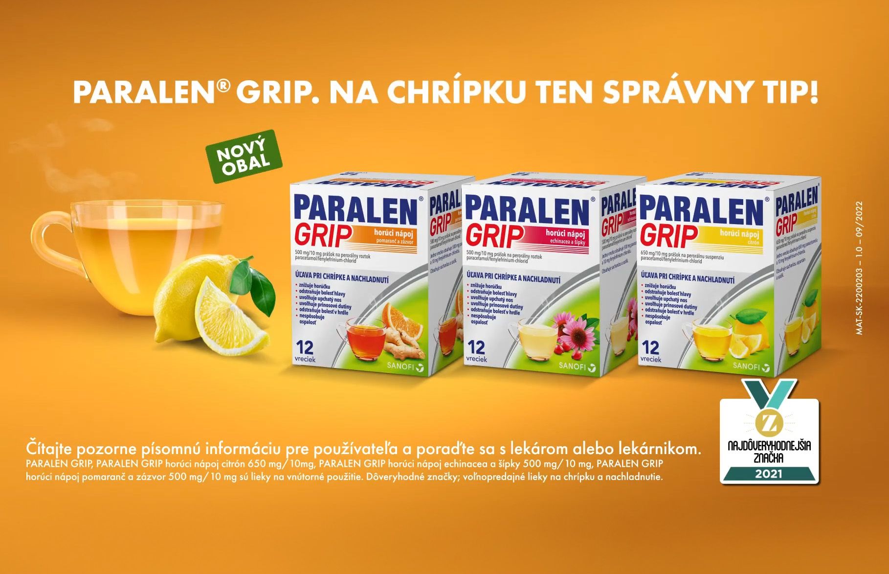 Paralen Grip Horúci nápoj pomaranč a zázvor 12 vrecúšok, Paralen Grip, na chrípku ten správny tip