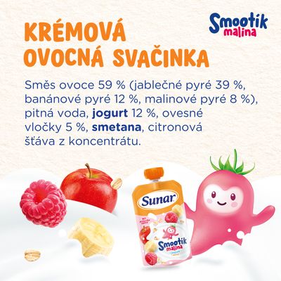 Sunar Smootík dětská kapsička malina, jogurt, ovesné vločky 12m+ 120 g