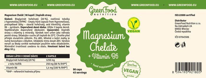 GreenFood Nutrition Magnesium Chelate + Vitamin B6 90 kapslí