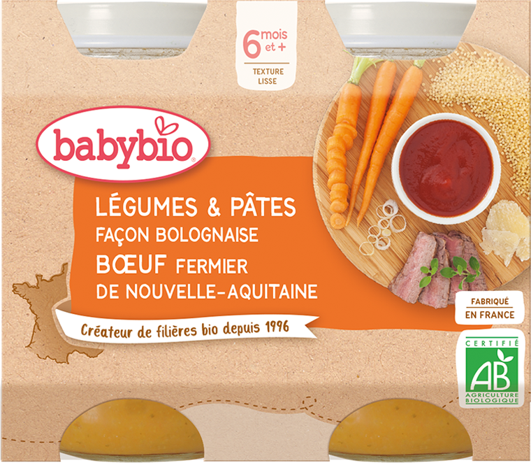 Babybio bolognai tészta marhahússal bébiétel, 6M+ 2 x 200 g