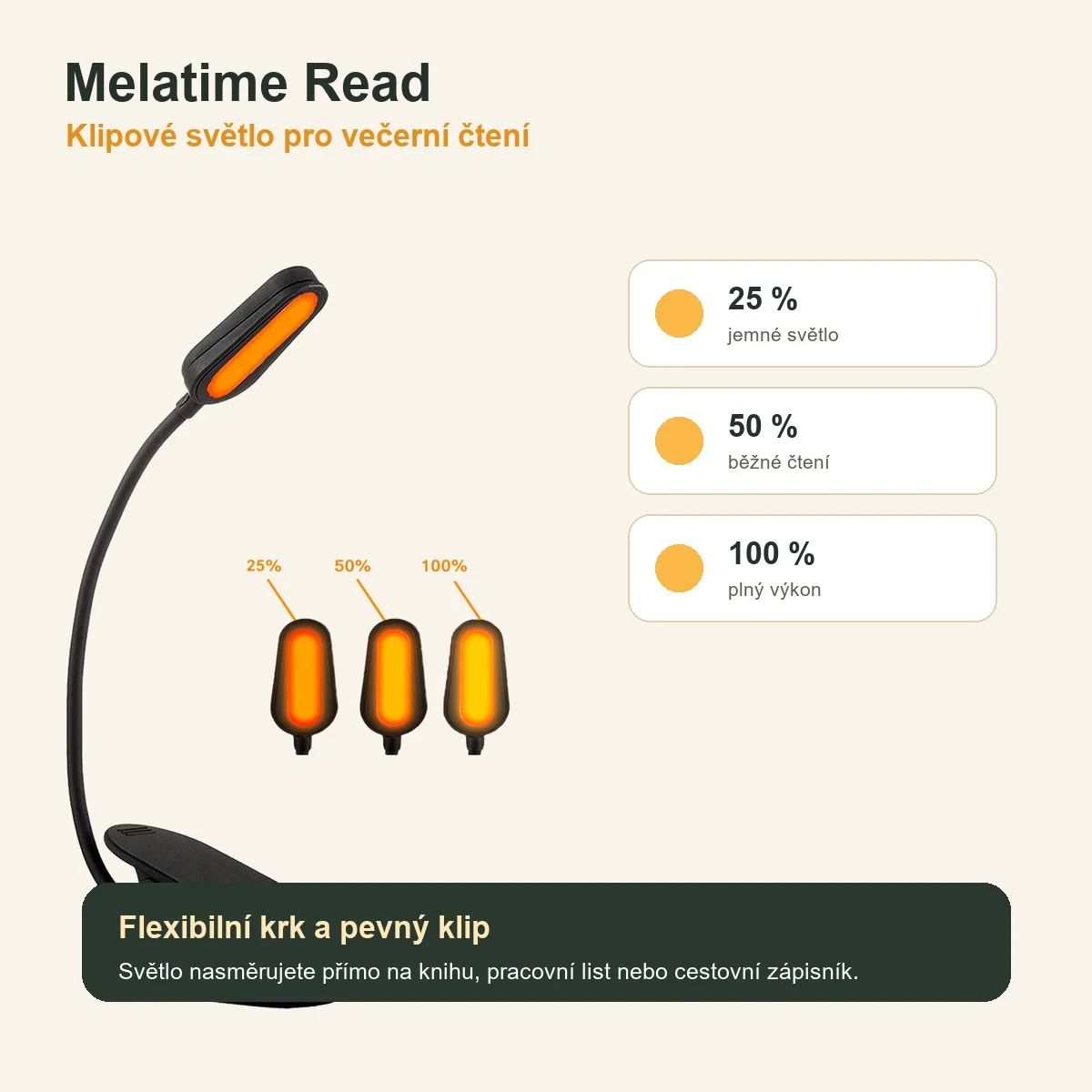 Melatime Read, LED lampička na čtení bez modré složky s klipem