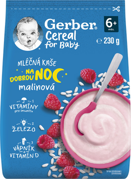 Gerber Cereal mléčná kaše malinová Dobrou noc 230 g