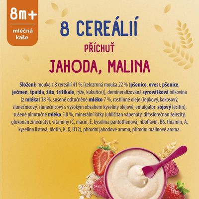 Sunar mléčná kaše s 8 cereáliemi, jahoda, malina 210 g