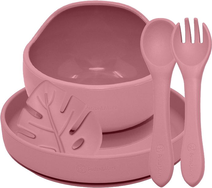 Petite&Mars Set jídelní silikonový TAKE&MATCH, Dusty Rose 6m+, 4 ks