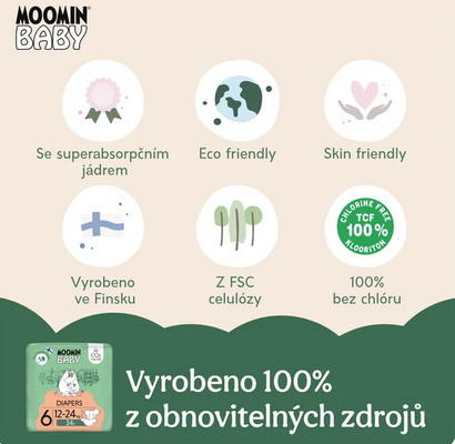 Moomin baby 6 Maxi 12–24 kg, měsíční balení eko plen 102 ks