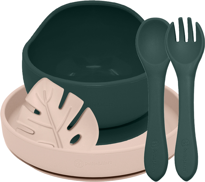 Petite&Mars Set jídelní silikonový TAKE&MATCH, Misty Green - Desert Sand 6m+, 4 ks