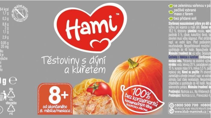 Hami masozeleninový příkrm Těstoviny s dýní a kuřetem, 12+ 200 g